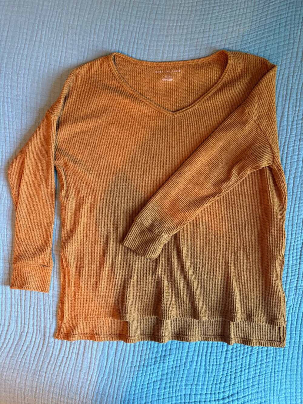American Eagle Women’s Small Waffle Knit V Neck Long Sleeve Top Rust Brown